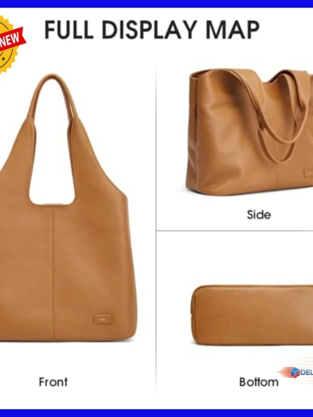 Large Leather Tote Bag with Laptop Compartment, Zipper Closure Hobo